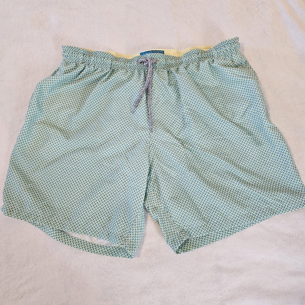 Michael's Swimwear Mens XL Mesh Liner Swim Trunks Wave Print Yellow Turquoise